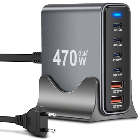 ARCELI USB C Ladegerät 470W 6-Port, GaN III Ladestation, USB c Charger mit 4 x USB-C PD + 2 x USB-A QC4.0, Schnellladegerät für Phone 16/15/14 Pro Max, Samsung Galaxy, MacBook, Pad, Laptop.