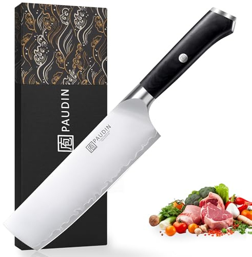 PAUDIN Nakiri Knife 7 Inch, High Carbon Stainless Steel Chef Knife, Ultra Sharp Asian Kitchen Knife for Meat and Vegetable, Chopping Knife with Ergonomic Wooden Handle