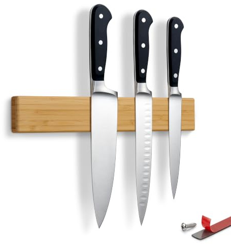 LARHN Imán Cuchillos Cocina Neodimio - Bambú, 30 cm - Barra Magnética | Soporte de Pared Autoadhesivo sin Taladro, Tornillos, Cinta 3M Opcional y Vídeo, Sujeta los Cuchillos más Pesados