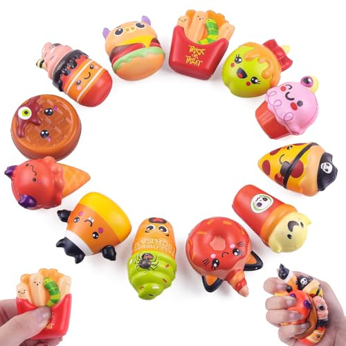 Anboor 12 Stück Halloween-Squishies-Spielzeug für Kinder, klein, langsam aufsteigend, Schaumstoff, Mini-Essen-Squishys, Partygeschenke, Stress-Squishes, süßes Quetschspielzeug, Geschenk