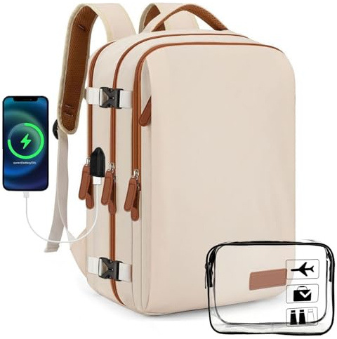 ASENTER Sac à Dos Voyage 45x36x20 pour Easyjet, Bagage à Main Avion 30L, Sac à Dos Ordinateur Portable 15,6 Pouces Imperméable avec Compartiment Humide, Sac de Cabine Antivol pour Homme Femme, Beige