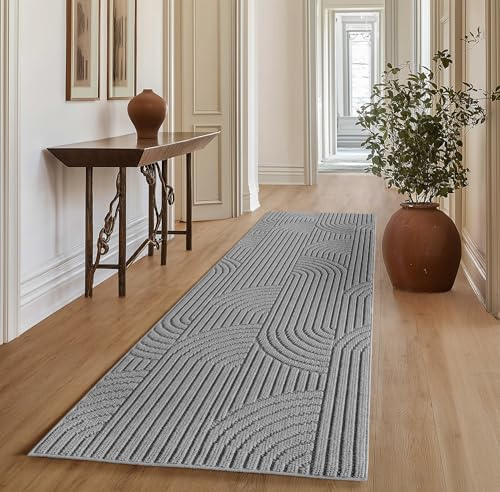 SIMPEX Teppich Läufer 80x150 cm Grau Boho Design Bouclé Schlingenflor Skandi Stil Superweich Robust Pflegeleicht Moderner Flurteppich für Eingangsbereich Schlafzimmer Küche
