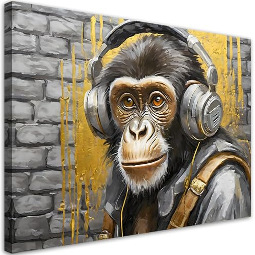 Feeby Leinwand Bilder - Affe Musik Tiere - Canvas 115x75 cm - Deko Wohnzimmer - Wandbilder Schlafzimmer - Deko Aesthetic - Wand Deko - Leinwand Groß - Deko Zimmer - Leinwandbilder XXL