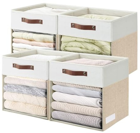 Bagnizer 4 Pack Large Ultra Thick Fabric Storage Boxes with Clear Window | 33 x 38 x 33 cm, Foldable, 2 Handles, Wardrobe and Shelf Organiser for Clothes, Bedding, Toys, Beige & White