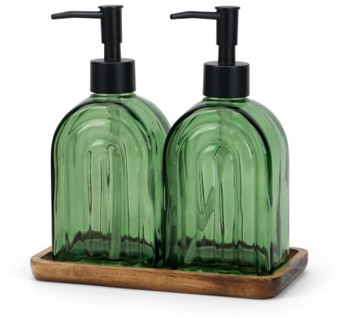 Topsky Glas Seifenspender Set 2 Stück 400 ml mit Holz-Tablett | Elegantes Grün-Regenbogen-Muster für Küche & Bad–Nachfüllbare Handseifenspender für Spülmittel und Flüssigseife