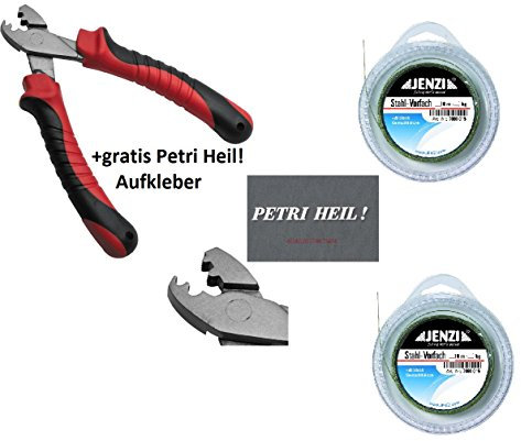 TOP Vorfach Set 2 x Stahlvorfach 12 kg, 10m, 20 Quetschhülsen + Quetschhülsen - Zange & gratis Petri Heil! Aufkleber