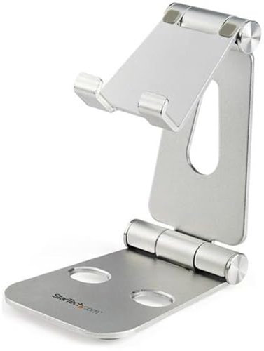StarTech.com Phone and Tablet Stand - Foldable Universal Mobile Device Holder for Smartphones & Tablets - Adjustable Multi-Angle Ergonomic Cell Phone Stand for Desk - Portable - Silver (USPTLSTND)