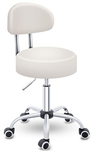 TRESKO® Rollhocker mit Lehne Beige | Arbeitshocker höhenverstellbar 46-58 cm | Drehhocker mit Rollen | Bürostuhl Hocker Drehstuhl Kosmetikhocker