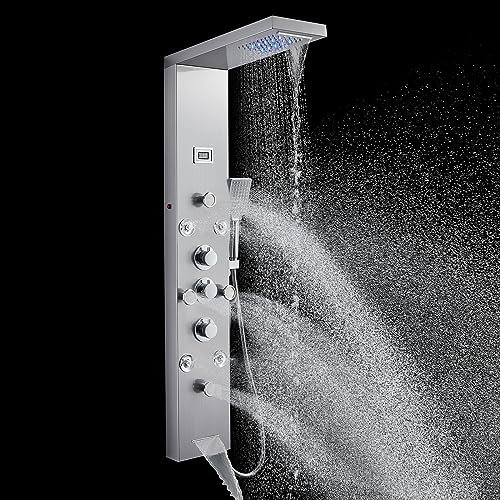 POPFLY Rainfall Waterfall Shower Panel Tower System, 8 Adjustable Massage Body Jets and 3-Functions Handheld Shower, Wall Mount Shower Column with Tub Spout, Stainless Steel Brushed