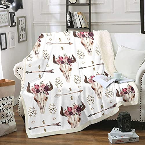 Homemissing Stier Schädel Decke 150x200cm Blumen Blumen Drucken Flanell Fleecedecke Boho Pfeil Kuscheldecke für Schlafsofa CouchStuhl Wohnzimmer Dekor Stammes Exotisch Wohndecke