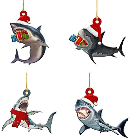 CeFoney Weihnachts-Holzornament, 4 Stück, Baumschmuck, Hai-Anhänger, Holzschnitzerei, Ornamente Weihnachten, Party, Fenster, Tischdekoration