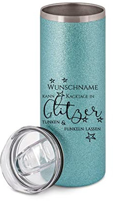 ORWO – Glitzer-Thermobecher mit Namen bedrucken | Isolierbecher 580 ml | verschiedene Designs | 21 x Ø 7 cm | Heiß- & Kaltgetränke | Travel Mug (Hellblau, Kacktage funkeln)