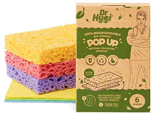 DR HYGI PopUp Schwämme, Schwamm aus natürlicher Zellulose, super saugfähiger Schwamm für Geschirr, biologisch abbaubarer Schwamm, recycelbare Verpackung (6erPack EcoSchwämmeSet)
