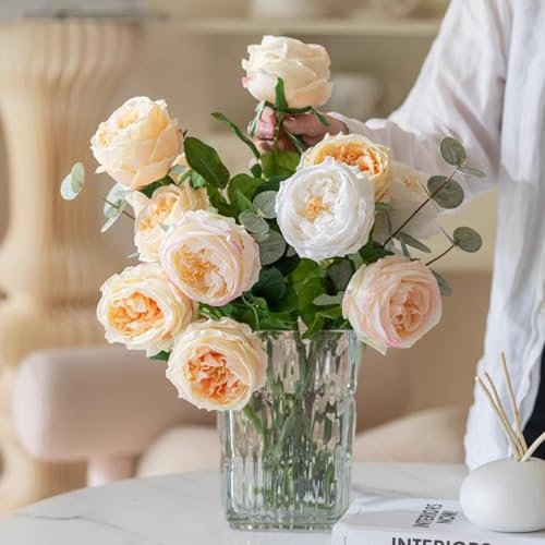 DUYONE Künstliche Blumen für Dekoration, Heimdekoration, echte Haptik, künstliche Blumen, Austin, Rose, Pfingstrose, Latex, künstliche Blumen, Wohnzimmer, Dekoration, lebendige(Champagner, 4 Stück)