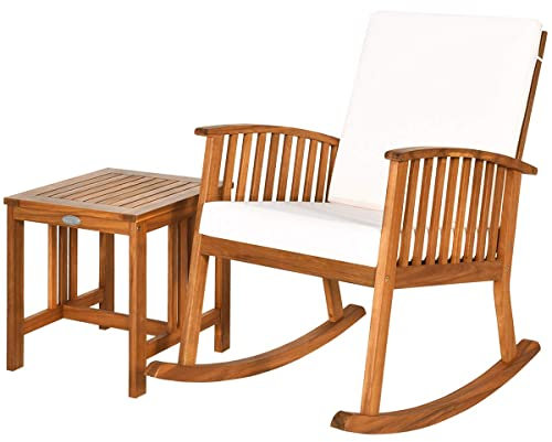 CASART Rocking Chair Set, Single Garden Rocker Furniture Set with Cushion & Table, Indoor Outdoor Wooden Swing Recliner Chair for Patio, Backyard, Porch, Lawn