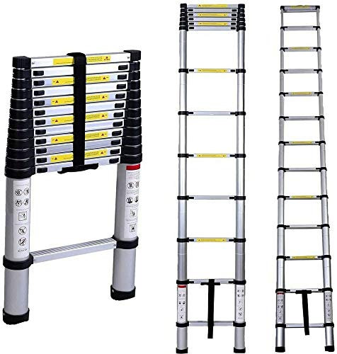 Scala Telescopica, 3.8M Scale Pieghevoli Multiuso con Meccanismo di Bloccaggio a Molla, Scaletta Estensione in Alluminio, Scala Antiscivolo per la casa, Capacità di 300lbs