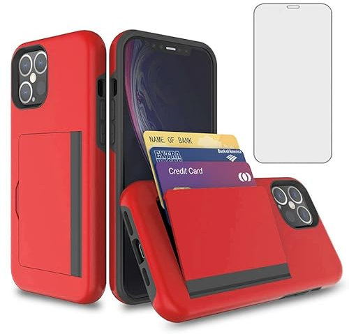 Asuwish Phone Case for iPhone 12 Pro Max 6.7 with Screen Protector Cover and Credit Card Holder Stand Slim Hybrid Cell Accessories iPhone12promax 5G i 12s Plus iPhone12 12pro Promax Women Men Red