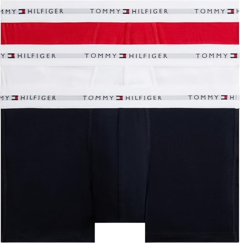 Tommy Hilfiger Men’s 3 Pack Trunks with Logo Waistband, Multicolor (Desert Sky/White/Primary Red), M