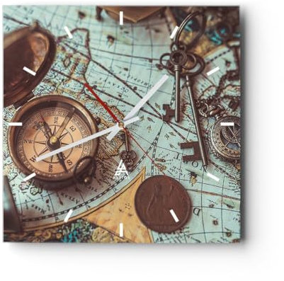Modern Wanduhr Kompass Vintage Karte 40x40cm Quadrat Groß Wand Uhr Glas Analog Zimmeruhren Küche Büro Wohnzimmer Glasuhr Wall Clock Dekoration Design Wanddekoration Küchenuhr C3AC40x40-4302