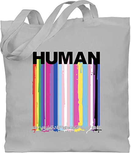 Baumwolltasche - LGBTQ Kleidung Pride Flag - HUMAN Blockschrift Regenbogen Farben Tropfen - Unisize - Hellgrau - statement beutel lgbt queer beuteltasche jutebeutel gay csd rainbow jute lesbian