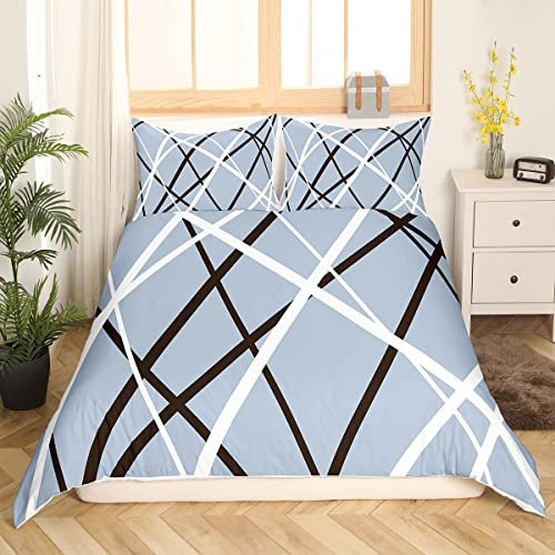 Loussiesd Geometrie Streifen Bettwäsche 155x220 Modernes Geometrisches Muster Bettbezug mit 1 Kissenbezug, Einfach Gestreifte Linie Bettwäsche Set Hellblau 100% Mikrofaser für Mädchen Teenager Jungs