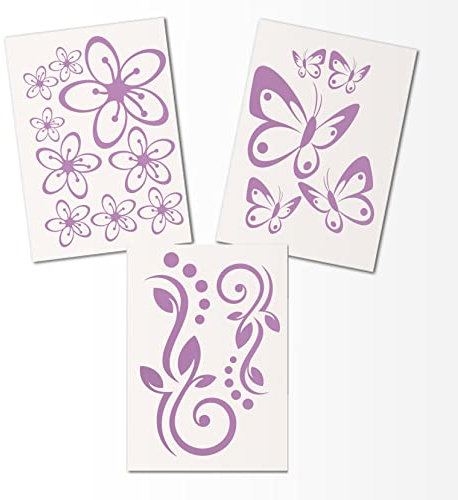 Hibiskus Schmetterling Blüten Ornament SET I - flieder - 40x30cm - Wall Sticker Wandtattoo Wandaufkleber - Dekoration, Küche, Wohnzimmer, Schlafzimmer, Badezimmer