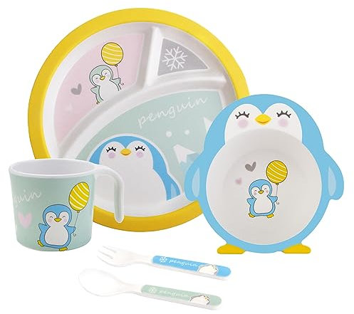 Platos de mesa para niños, incluye plato, taza, tenedor y cuchara, utensilios de cocina, libre de BPA (Pingüino)