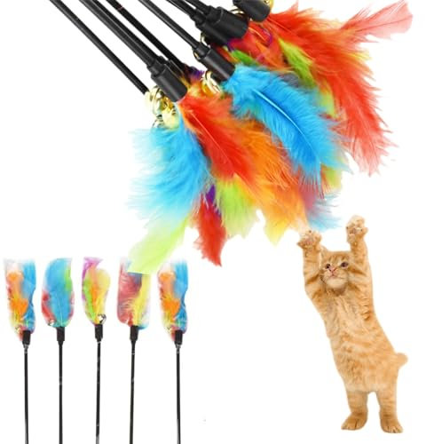 Jouet Chat Interieur,Jouet Chats,Jouets Chat Interactif,Jouets Plume,Coloré Plumes Courte Tige Interactive Bâton,pour l'intérieur Chatons (5pcs)