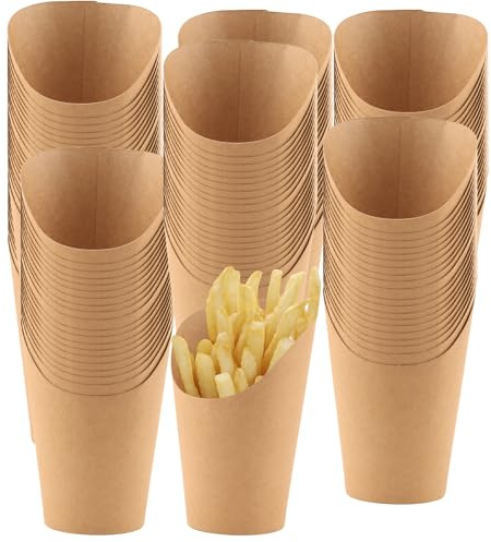 DAKFOOK Lot de 100 gobelets à frites coupe à frites en papier kraft marron résistant à la graisse porte frites pour collation, chips, popcorn, crème glacée, apéritif - 500 ml