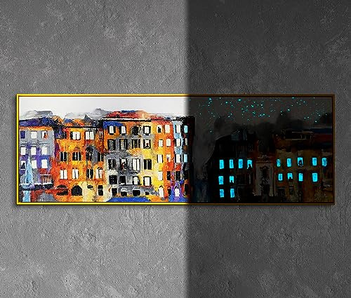 YS-Art XXL Abstrakt Fluoreszierendes selbst leuchtendes Acryl 3D Gemälde auf Leinwand Kleinstadt handgemalt Wohndekor modern Tag und Nacht echte Kunst 150x50 cm