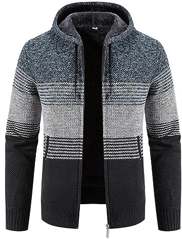 ZTRADA Mens Thick Warm Fleece Coat Jacket Stripe Zip Hoodie Pullover Men's Long Sleeve Hooded Hoodies Sweatshirt Knitted Knitwear Sweater Jumper with Pockets Blue UK Size 14