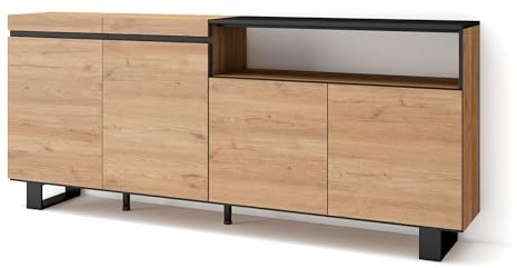 Skraut Home | Aparadores para salón | Gran Capacidad de almacenaje | 200x87x35cm | 4 Puertas | Diseño Industrial | Estilo Moderno | Roble y Negro