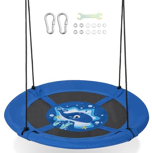 DREAMADE Balançoire Nid d’Oiseau Ronde Ø102CM avec Motif Innovant,Balançoire à Suspendre avec Hauteur Réglable 140-180CM&Quincaillerie,Siège Suspendu Charge 100KG pour Intérieure&Extérieure (Baleine)