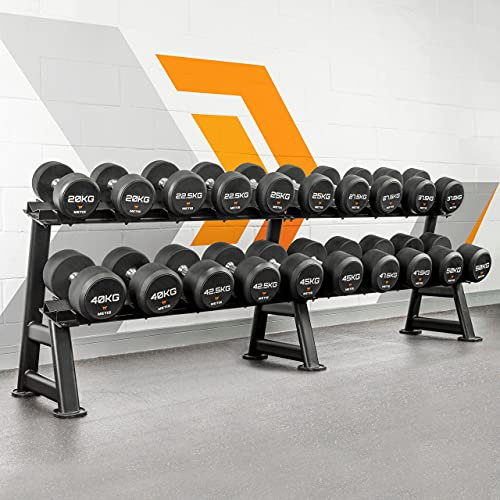 METIS Pro Urethane Dumbbell Rack Sets - 2-Tier Stand for Commercial Dumbbell Set | Storage Rack for Weight Set | Workout Equipment | Commercial Dumbbell Weights Rack (1x Rack + Half Set (27.5-50kg))