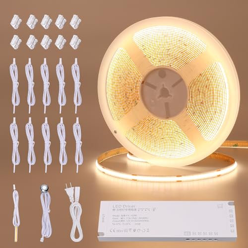 BENLUN 12V COB LED Strip Unterschrank Beleuchtung Küche 10M, Schneidbar 3000K Warmesweiß LED Streifen Selbstklebend mit Dimmer und Netzteil für Schrankbeleuchtung, Akustikpaneele, Schrank