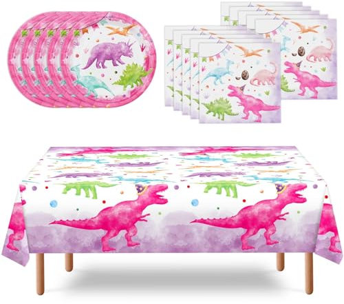 WERNNSAI Dinosaur Party Supplies - Dinosaur Plates, Napkins and Tablecloth for Girls Dino Birthday Party Decorations - Dessert Paper Plates, Napkins, Tableware - Serves 16 Guests - Pink