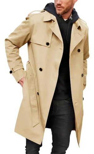 Runcati Men's Coat Double Breasted Trench Coat Long Lapel Business Jacket with Belt Beige XL