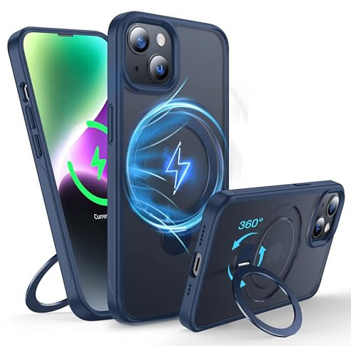 FNDMIL 360°Drehbarer Magnetisch für iPhone 14 Plus/15 Plus Hülle mit MagSafe [Rutschfester Textur][Unsichtbarer Ständer][Militär Schutz] Translucent Matt mit Silikon Dünn,EIS Blau