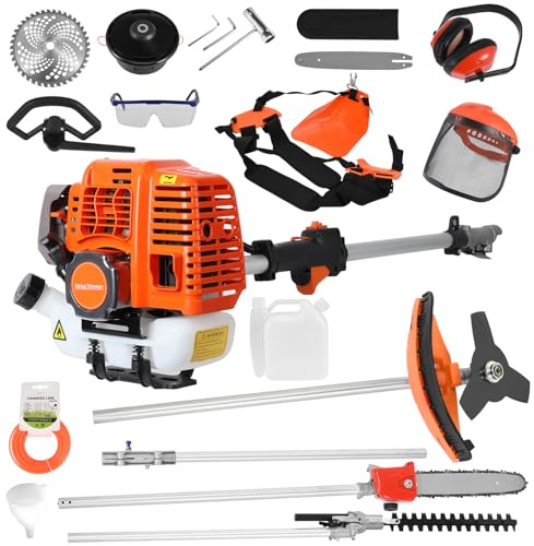 5 in 1 Rasenmäher 52CC Gas Unkrautschneider Akku-Heckenschere 2-Takt Freischneider Handheld Kettensäge Heckenschere Benzin Heckenschere Kettensäge Motorsense (Orange)