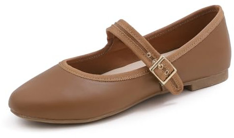 Feversole Women's Soft Breathable Mary Jane Memory Foam Cushioned Comfort Round Toe Metal Buckle Flats Walking Shoes Camel Napa Size UK 7
