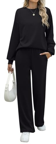 REORIA Women Cotton Lounge Wear Sets Crew Neck Tracksuit Set Two Piece Outfit Long Sleeve Top and Wide Leg Pants Co Ord Sets Black XXL