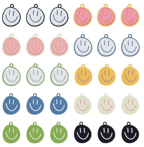 DICOmatic 50 Stück 10 Farben Lächeln Gesicht Anhänger 24.5x20mm Legierung Emaille Mit Lächelndem Flachem Runden Gesichtsausdruck