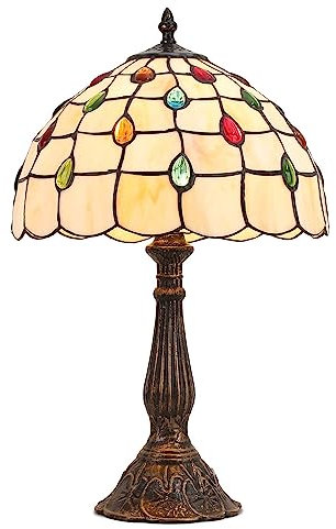 Lámpara de Mesa Rafa. Pantalla de Cristal Beige detalles multicolor, E27. Base de metal estilo antigua. Lámpara de mesa Tiffany Retro vintage para sala de estar, dormitorio, mesita de noche.