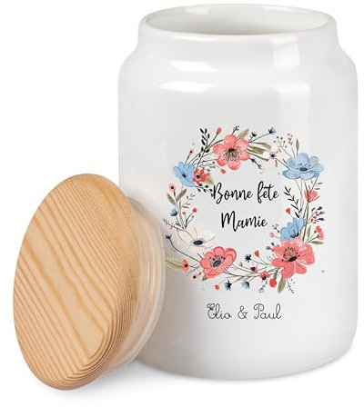 Pot à Cookies Personnalisé en Céramique 650 ml avec Couvercle en Bois - Bonne Fête Mamie + Prénoms des Petits-Enfants - Cadeau Unique pour Mamie