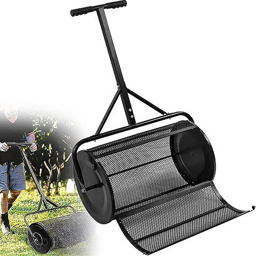 QLSABIA Carbon Steel Compost Peat Moss Top Dressing Roller Spreader Garden Lawn Backyard, Durabl & Ant Rust Lightweight Topdressing Roller for Lawn Spreading - 24 inch,Black