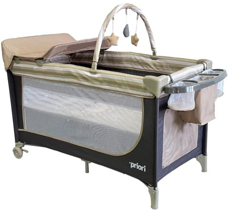 Priori Baby Nauta Cuna de Viaje Plegable 5 en 1 para Bebé - con Cambiador, Móvil Juguetes, Bolsillos Laterales, Ruedas Freno, Bolsa Transporte, 0-3 Años hasta 15 kg (Beige)