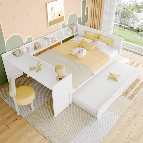 Rvjiahe Letto in legno, con scrivania,con letto a scomparsa, letto estraibile, Letto matrimoniale (senza materasso), con ripiani (Bianco, 140cmx200cm)
