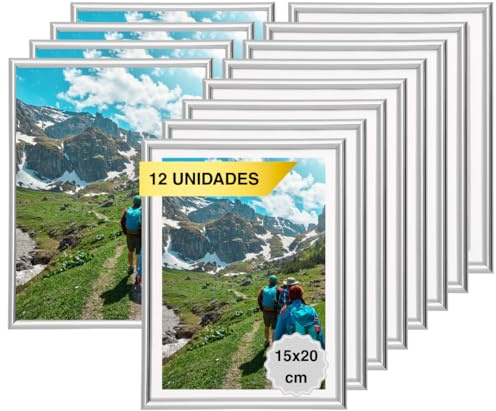 MARCOFOTO Set de 12 Marcos de Fotos 15x20 cm – PVC Color Plateado con Cristal – Marcos para Cuadros, Fotos o Laminas – Decoracion de Pared en Hogar, Oficina, Negocio o como Regalo
