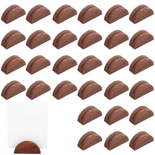 Tinoaly 30pcs Wooden Table Number Stands, Semicircular Wood Place Card Holders for Wedding Restaurant Banquet Birthday Party Reusable Table Name Holders for Photo Tag Menu (Brown)