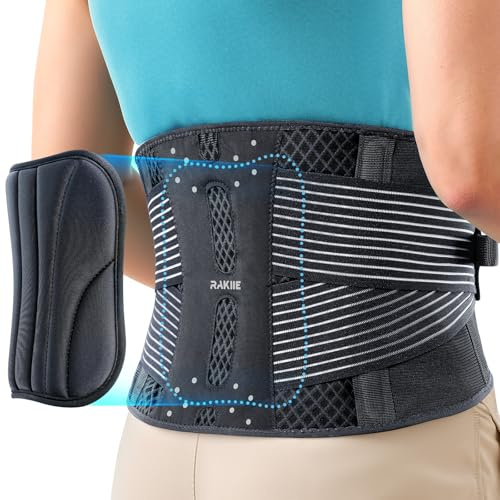 Rakiie Rückenstützgürtel für Herren und Damen, 6X Lendenwirbelstütze mit 3D-Polsterung, Atmungsaktiv Leicht Rückenbandage für Rückenschmerzen, Grau Größe XXL (110-133CM)